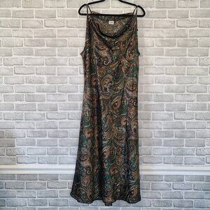 CIARRA Satin Maxi Slip Dress Cowl Neck Sleeveless Green Paisley EU 40 Luxury